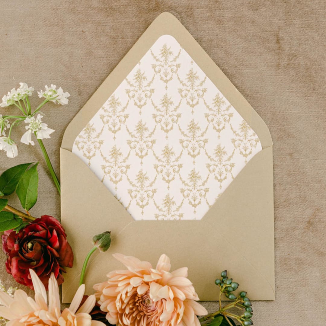"Regency Envelope Liners |  Rococo Floral Pattern (10 Pack)" - Envelope Liners in gold by Sterling Stripes