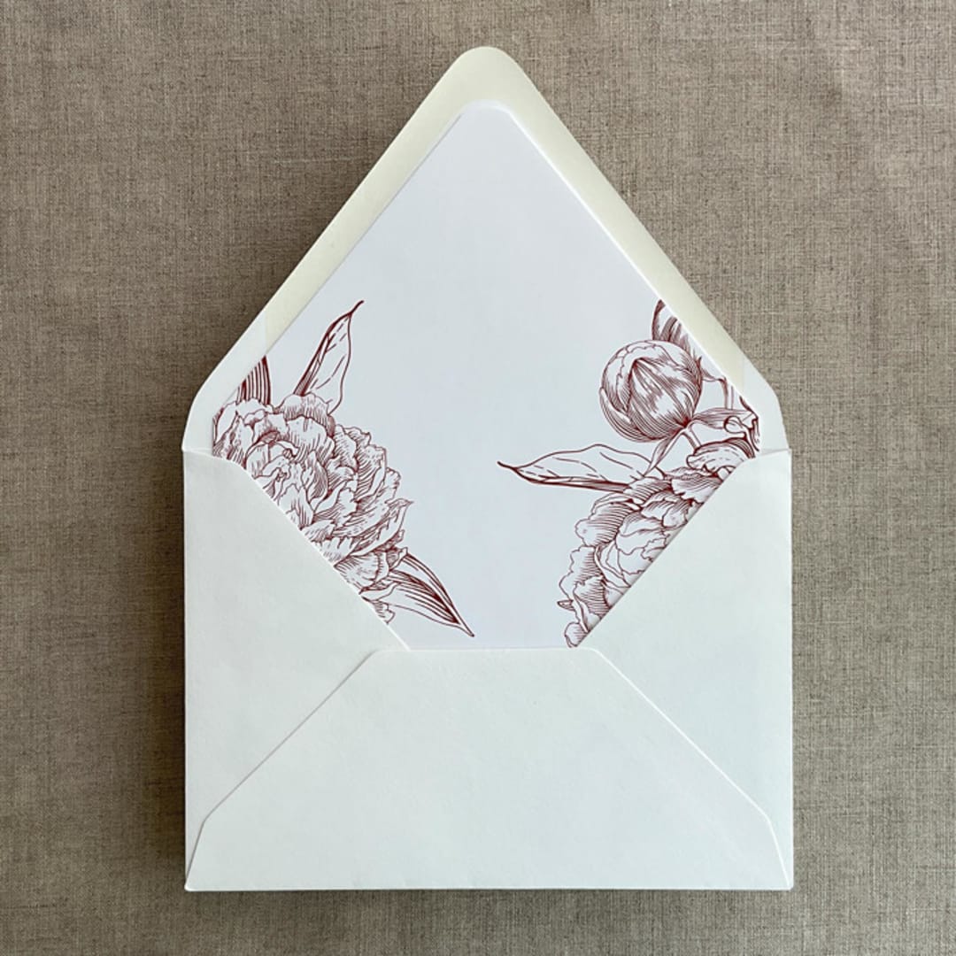 "Burgundy grand peony vintage floral envelope liner for A7 euro flap envelope | pack of 10" - Envelope Liners in red by Ivory Invitations