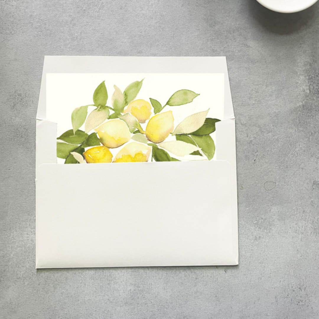 "Lemon Watercolor Square Envelope Liner | Set of 10 | For 5x7” invitations " - Envelope Liners in yellow by Cotton and Bow