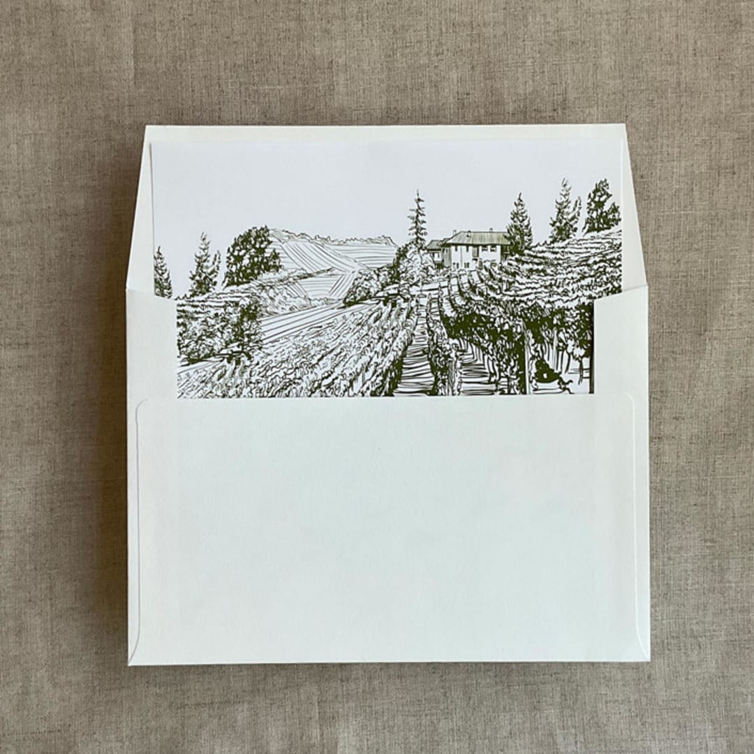 "Vineyard landscape sketch moss printed envelope liner for A7 square flap envelope | pack of 10" - Envelope Liners in green by Ivory Invitations