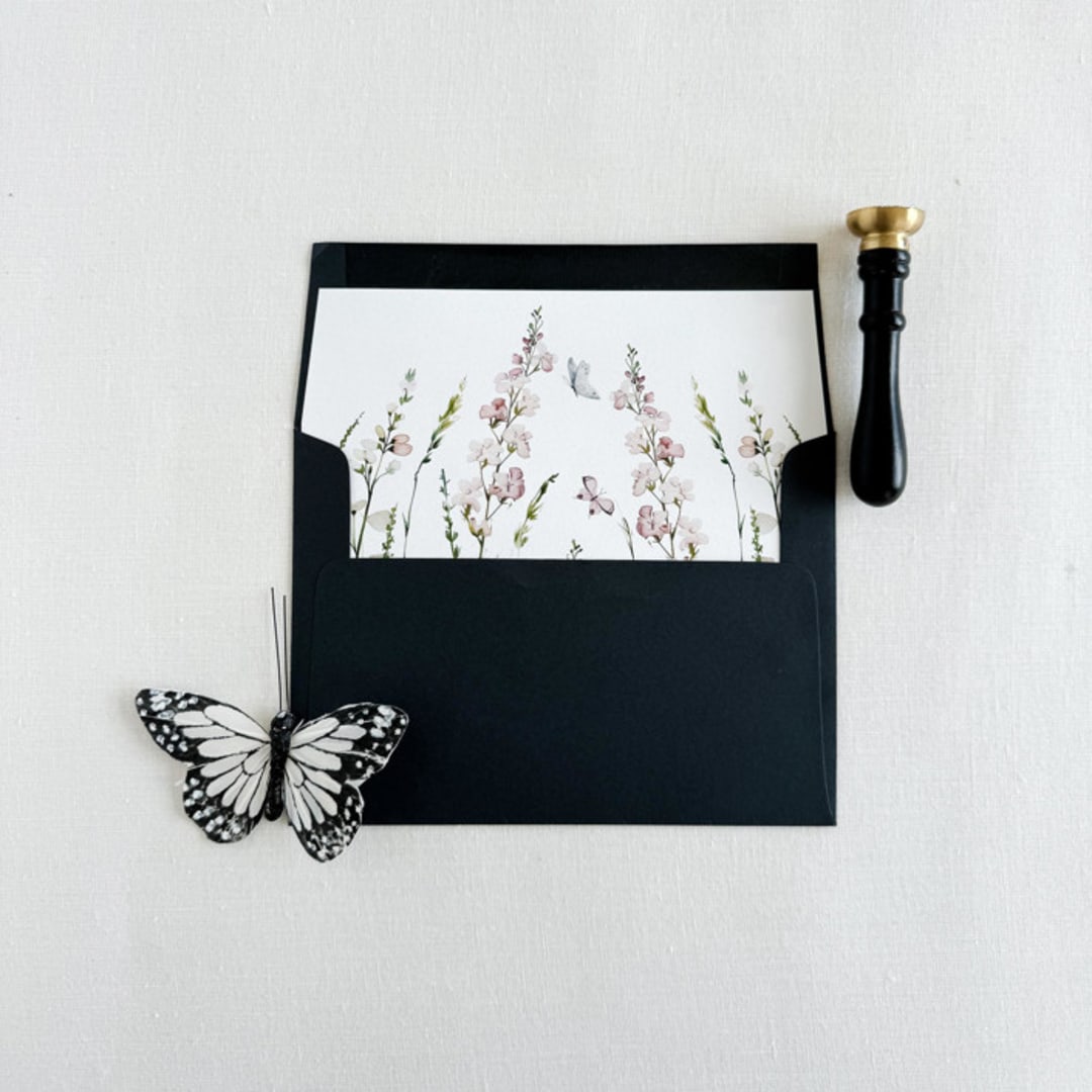 "Elegant Wildflowers and butterfly, Floral Wedding Invitation Envelope 5x 7, Set of 10" - Envelope Liners in pink by Eva Friesen