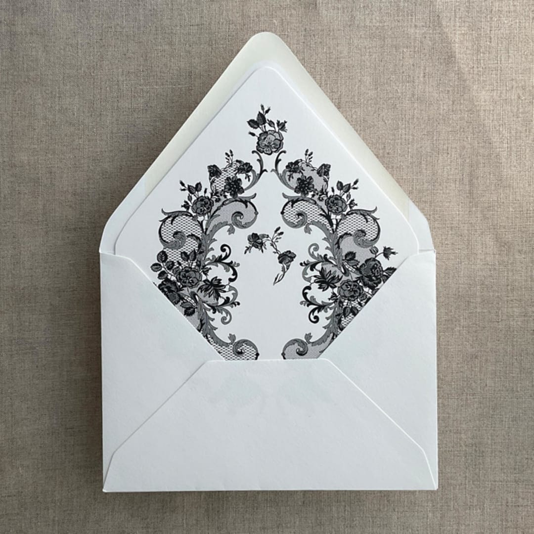 "Black French  floral lace envelope liner for A7 euro flap envelope | pack of 10" - Envelope Liners in black by Ivory Invitations