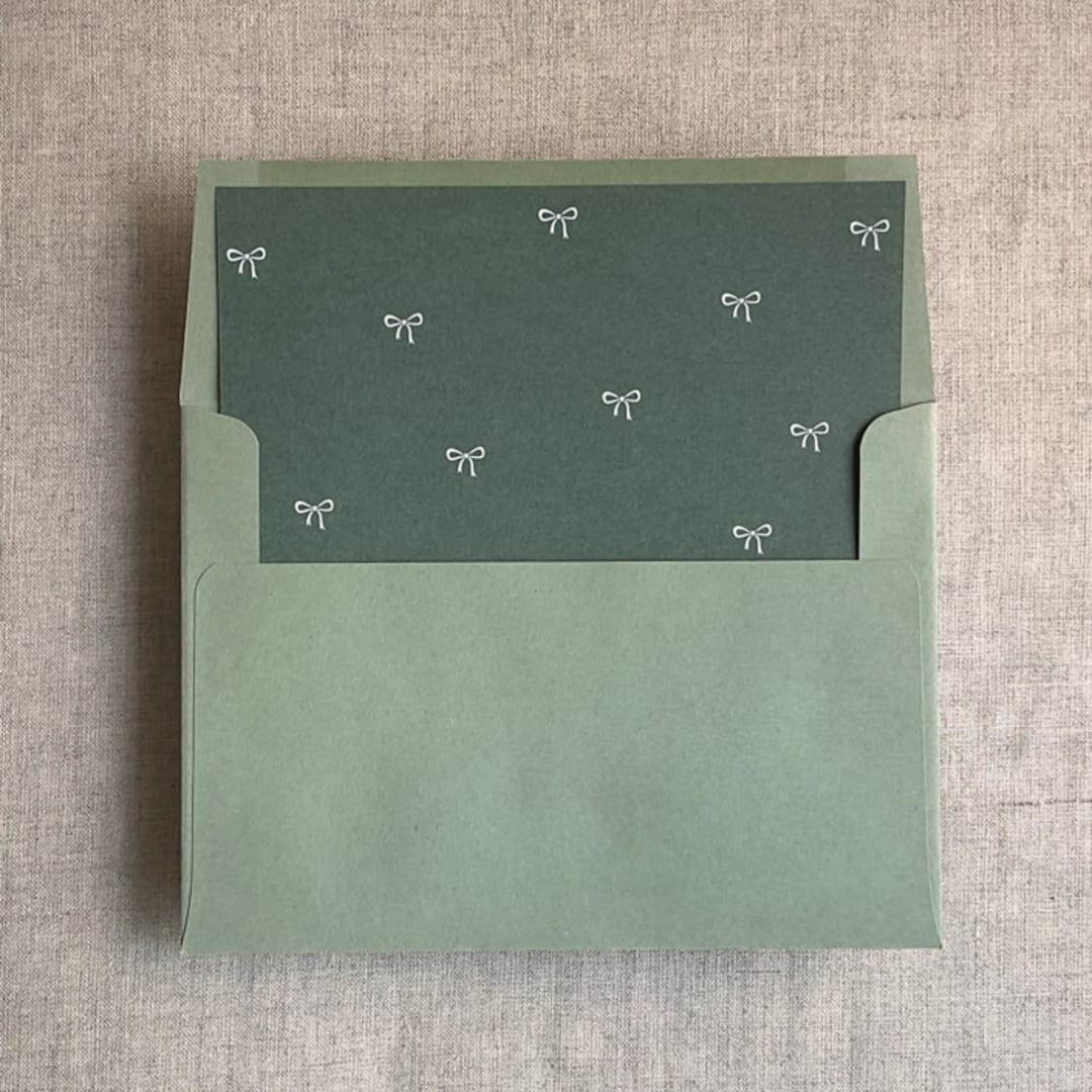 "Forest green baby ribbon bows envelope liner for A7 square flap envelope | pack of 10" - Envelope Liners in green by Ivory Invitations