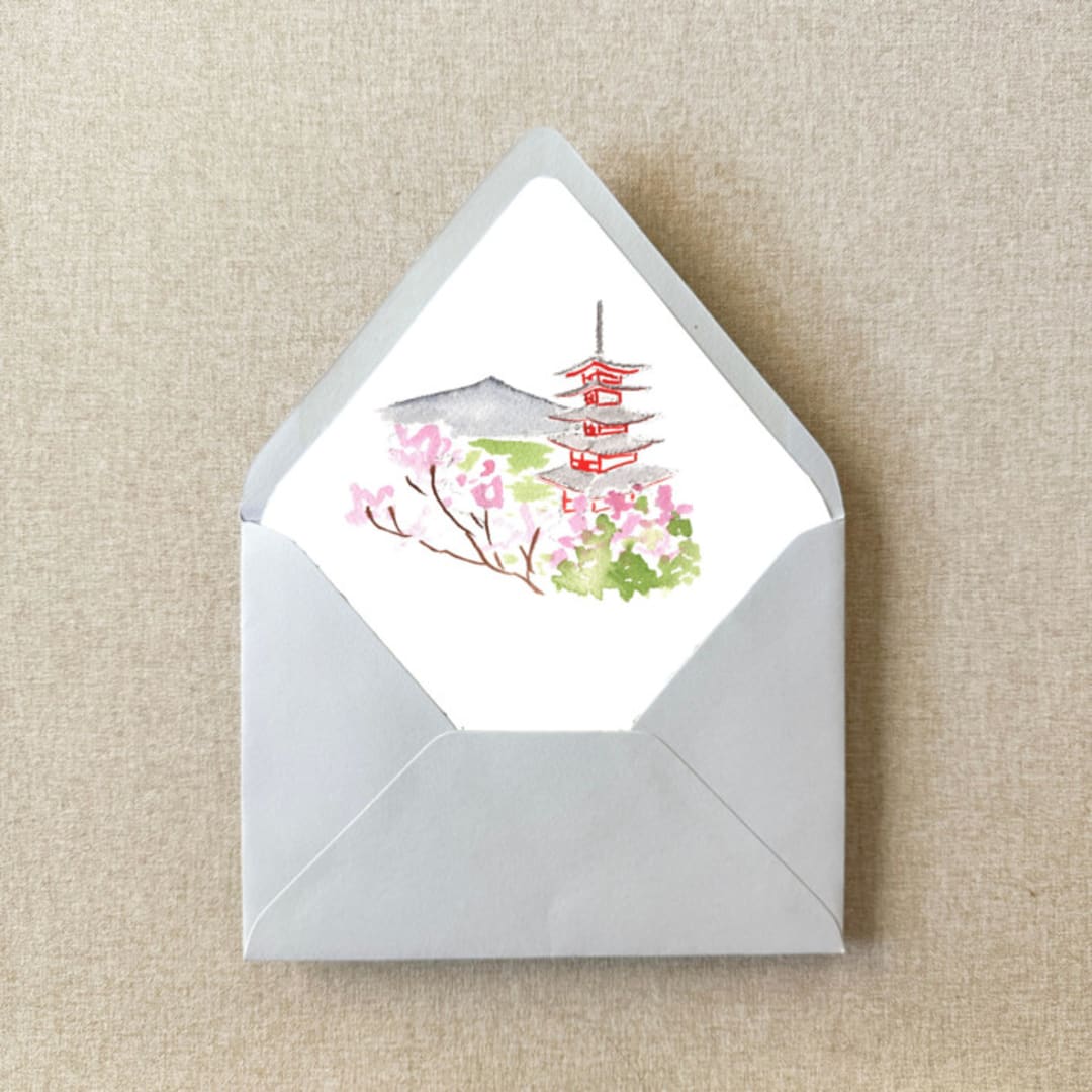 "Tokyo Japan Watercolor Euroflap Envelope Liner | Set of 10 | For 5x7” invitations" - Envelope Liners in multicolorassorted-colors by Cotton and Bow