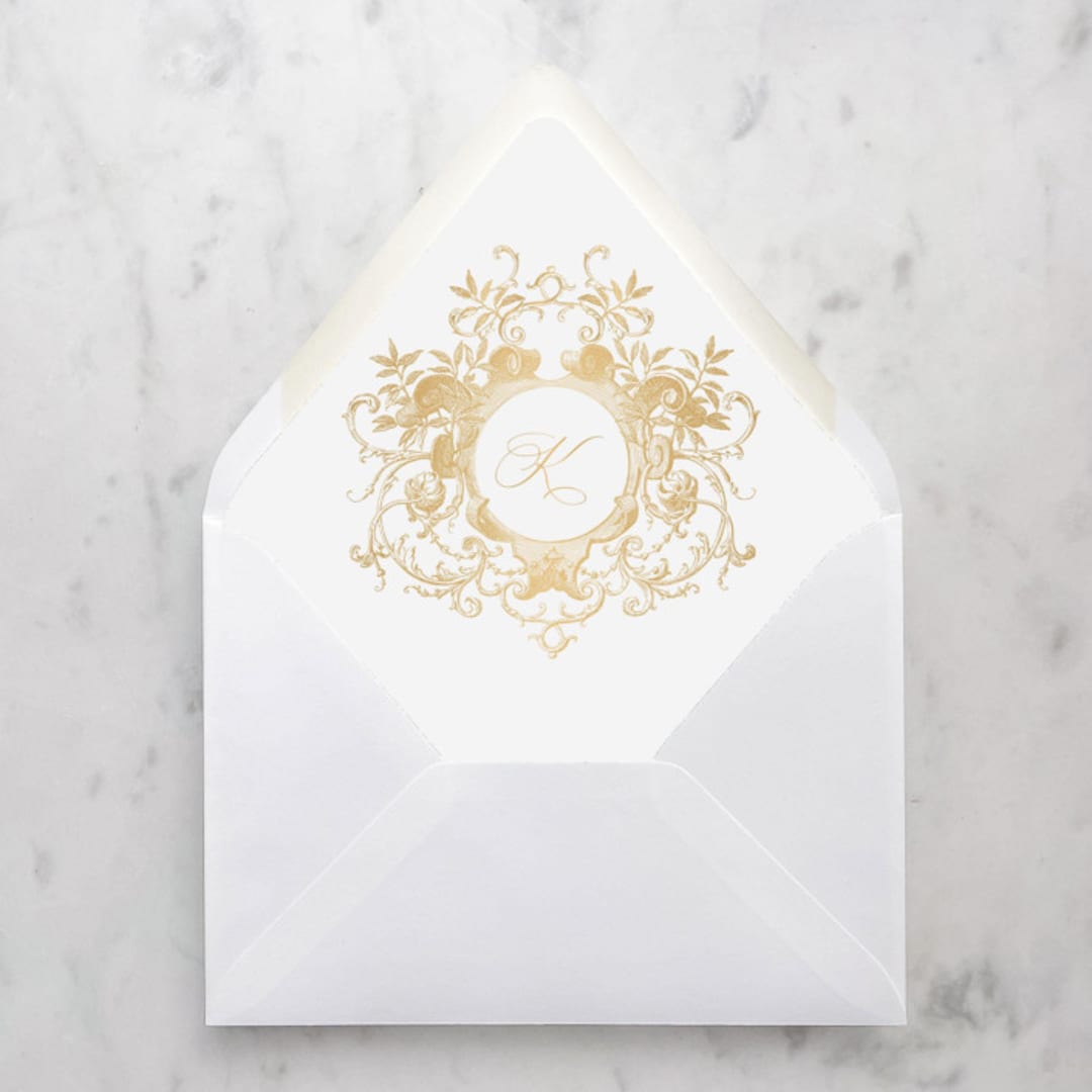 "A7 Envelope Liners Scroll Monogram Gold (set of 10)" - Envelope Liners in gold by Design by Laney