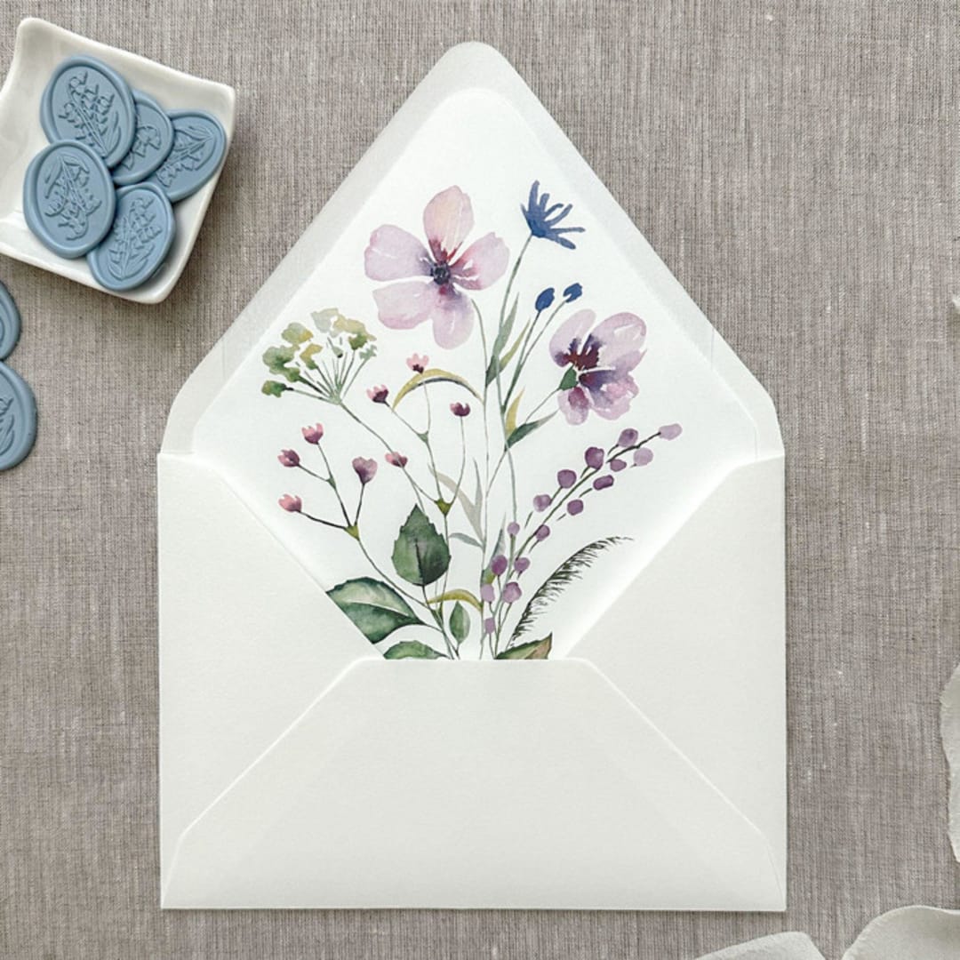 "Purple watercolor florals Euro Flap envelope liner for A7 (5x7”) Invitations | set of 10" - Envelope Liners in purple by Maria Ferrer G.