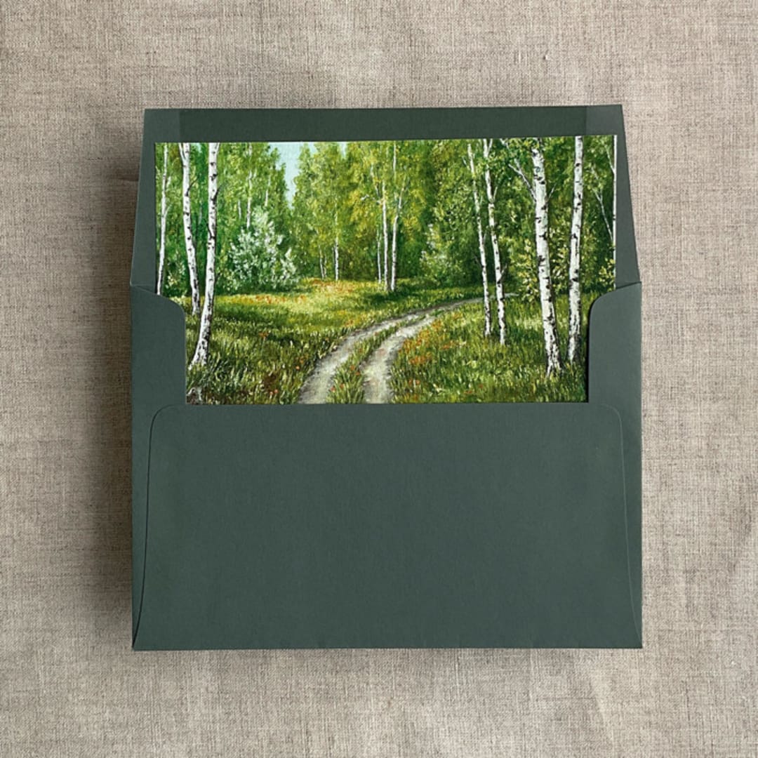 "Birch tree pathway fine art landscape printed liner for A7 square flap envelope | pack of 10" - Envelope Liners in green by Ivory Invitations
