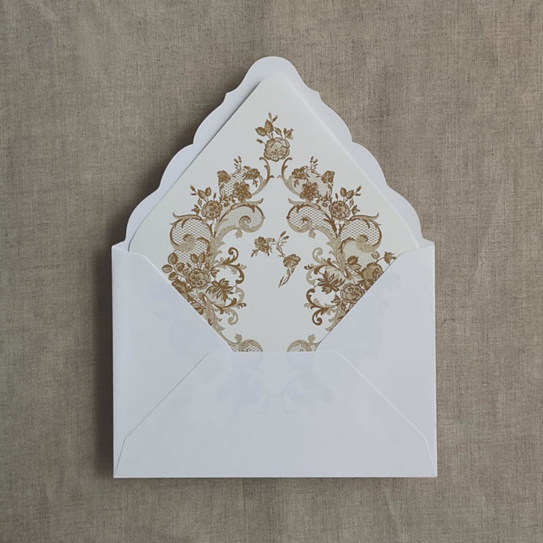 "French rose lace gold envelope liner for A7 euro flap envelope | pack of 10" - Envelope Liners in gold by Ivory Invitations