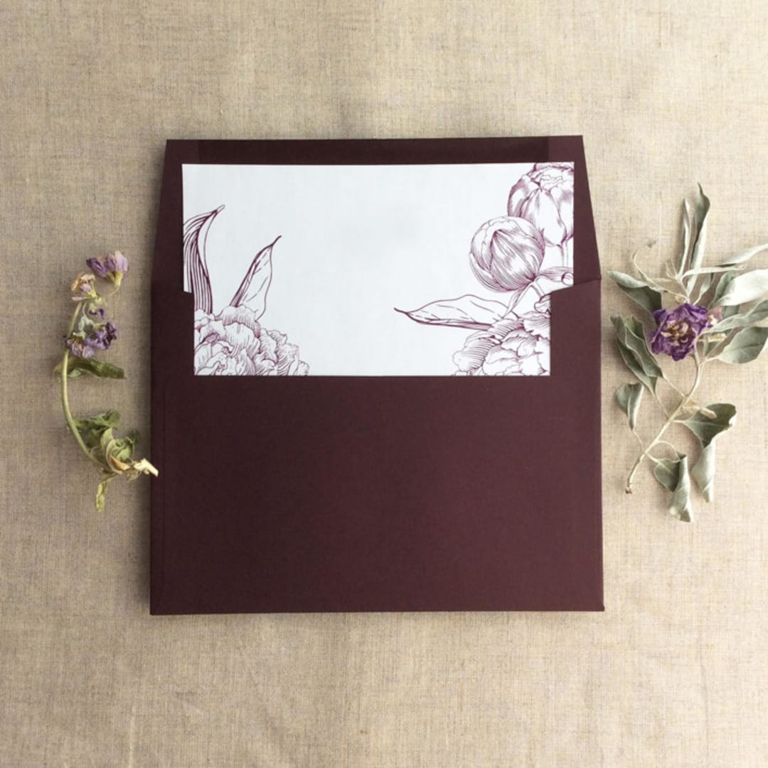 "Mulberry Etched grand peony vintage floral printed envelope liner for A7 square flap envelope | pack of 10" - Envelope Liners in purple by Ivory Invitations