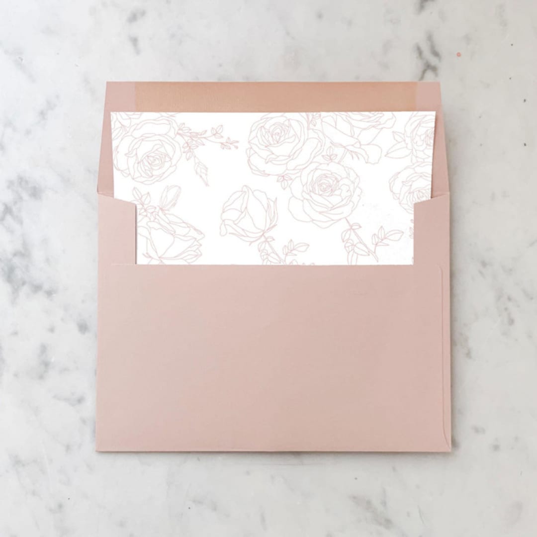 "A7 Envelope Liners Pink Rose Line Art Square Flap (set of 10)" - Envelope Liners in pink by Design by Laney