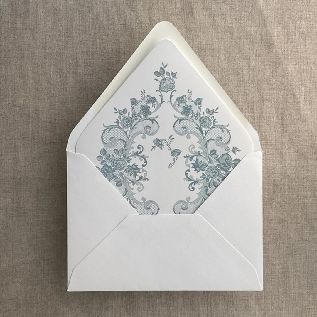 "Steel blue French floral lace envelope liner for A7 euro flap envelope | pack of 10" - Envelope Liners in blue by Ivory Invitations