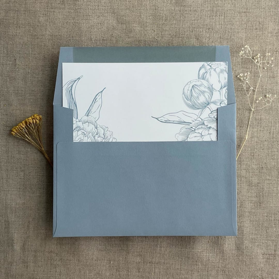 "Steel blue Etched grand peony vintage floral envelope liner for A7 square flap envelope | pack of 10" - Envelope Liners in blue by Ivory Invitations