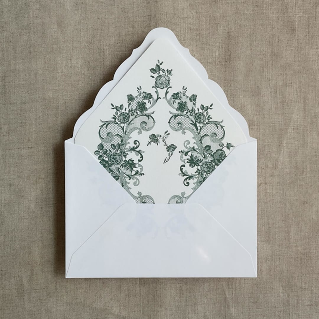 "French rose lace forest green envelope liner for A7 euro flap envelope | pack of 10" - Envelope Liners in green by Ivory Invitations