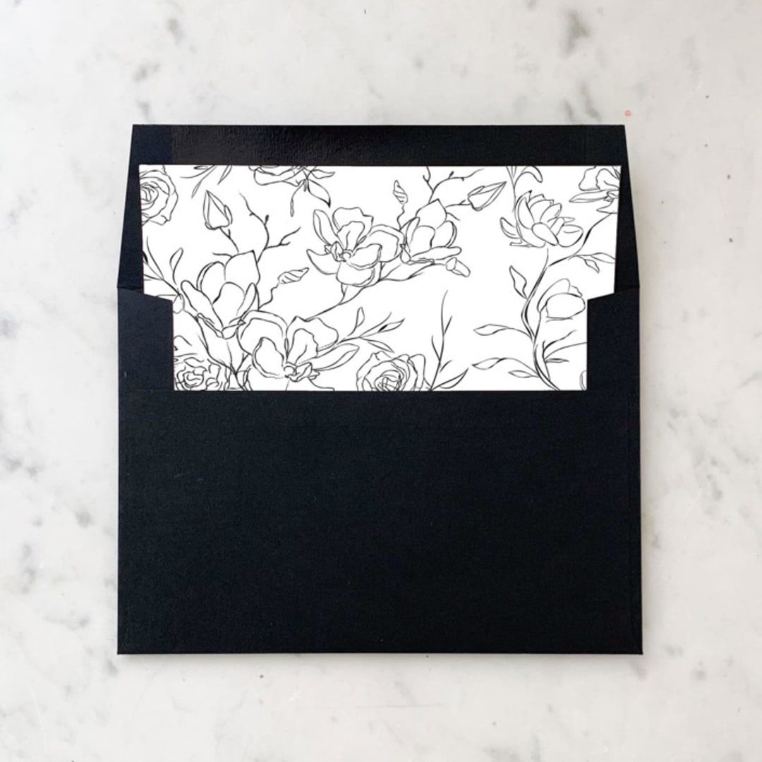 "A7 Envelope Liners Black Flower Sketch Square Flap (set of 10)" - Envelope Liners in black by Design by Laney