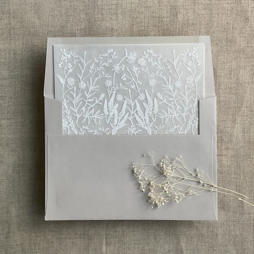 "Vellum envelope liner white ink printed English summer botanical garden floral for A7 square flap envelope | pack of 10" - Envelope Liners in white by Ivory Invitations
