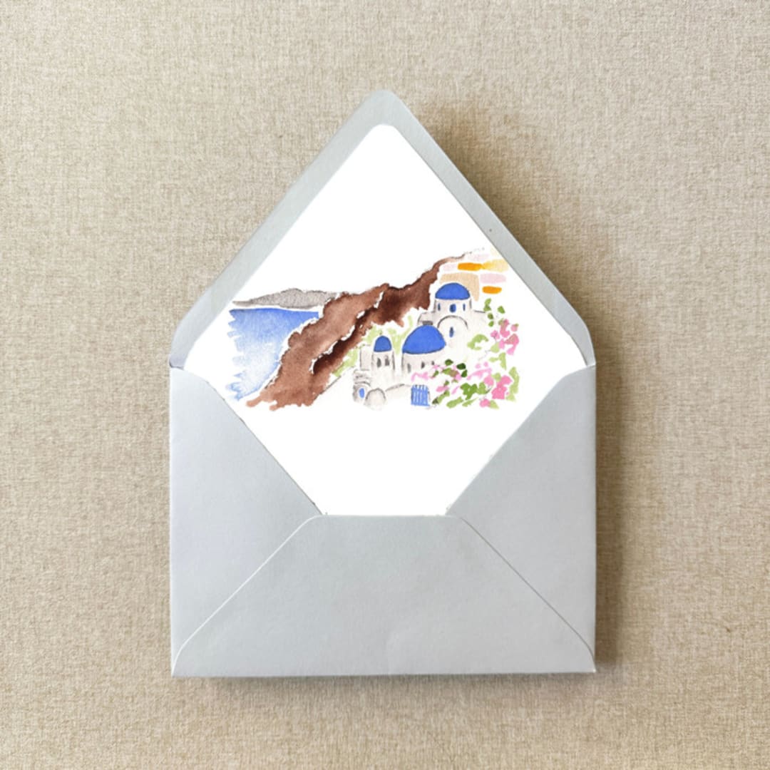 "Santorini Greece Watercolor Euroflap Envelope Liner | Set of 10 | For 5x7” invitations" - Envelope Liners in multicolorassorted-colors by Cotton and Bow