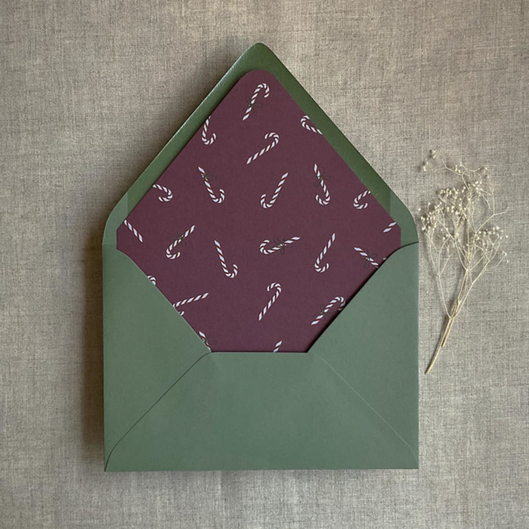 "Merlot holiday candy cane printed envelope liner for A7 euro flap envelope  | pack of 10" - Envelope Liners in purple by Ivory Invitations