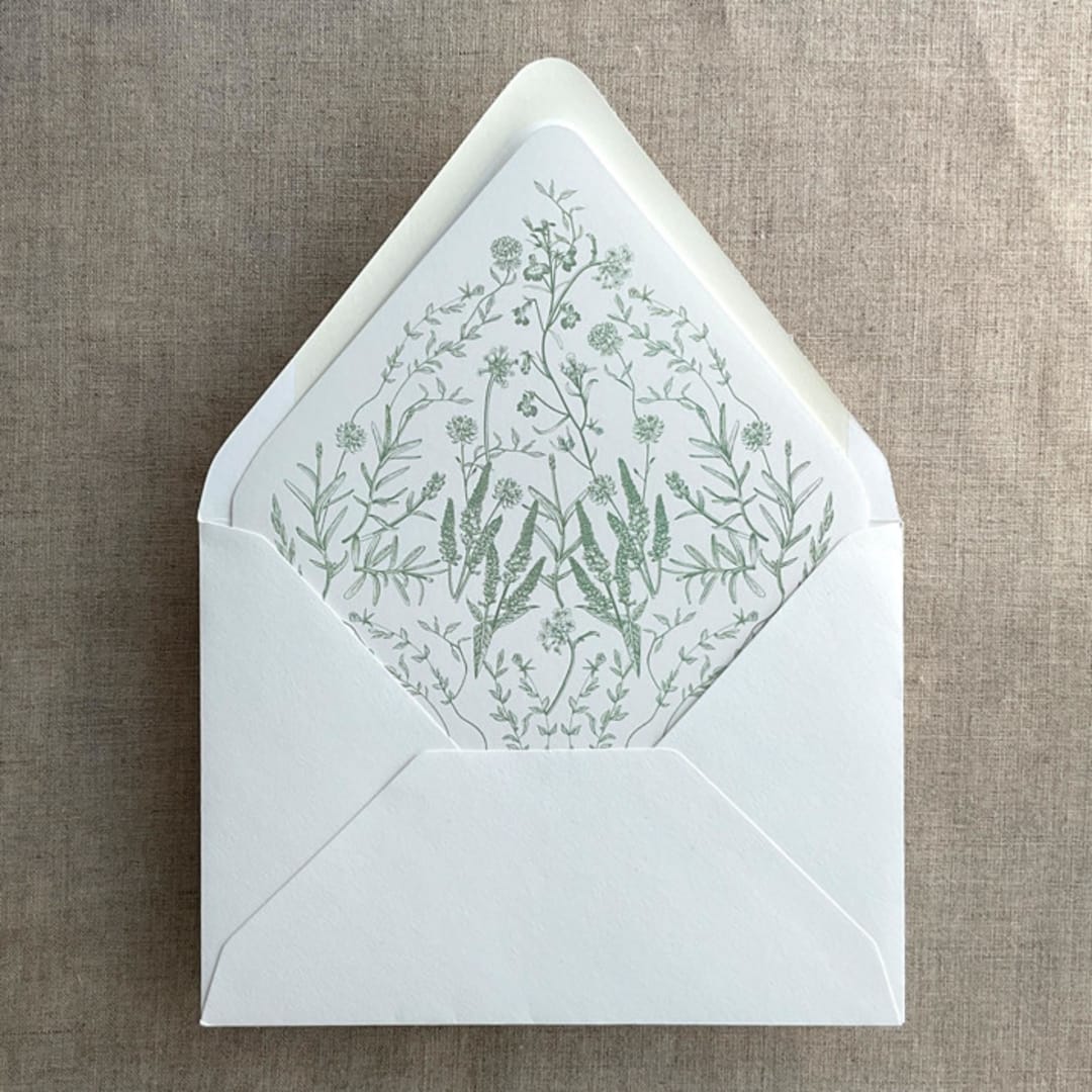 "Sage English botanical garden floral printed liner for A7 euro flap envelope | pack of 10" - Envelope Liners in green by Ivory Invitations