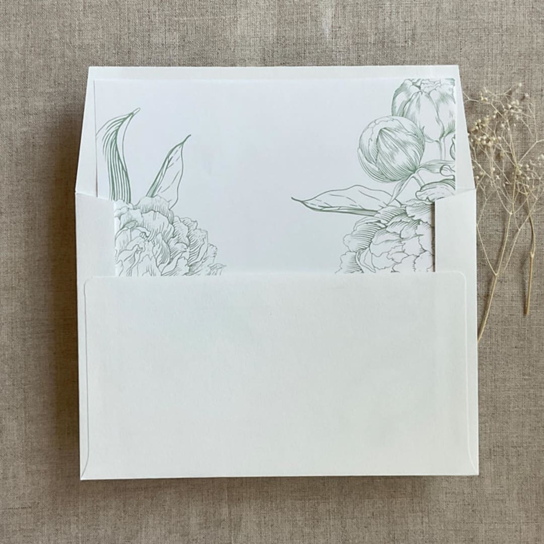 "Sage grand peony floral envelope liner for A7 square flap envelope | pack of 10" - Envelope Liners in green by Ivory Invitations