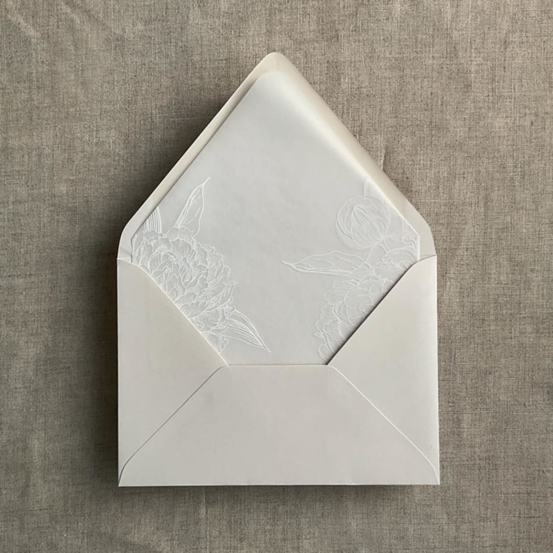 "White grand peony vellum envelope liner for A7 euro flap envelope | pack of 10" - Envelope Liners in white by Ivory Invitations