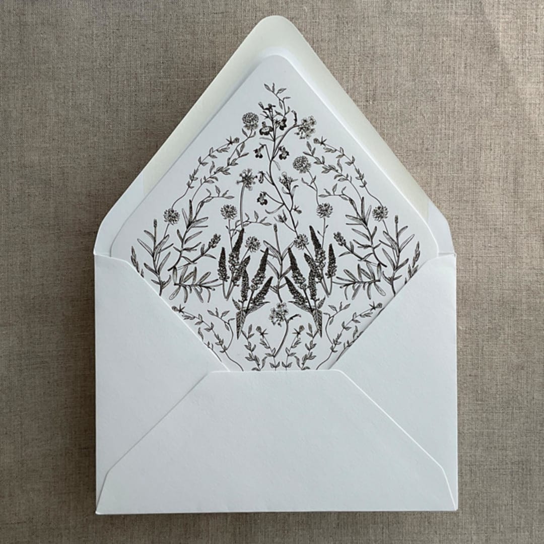 "Black English botanical garden floral printed liner for A7 euro flap envelope | pack of 10" - Envelope Liners in black by Ivory Invitations