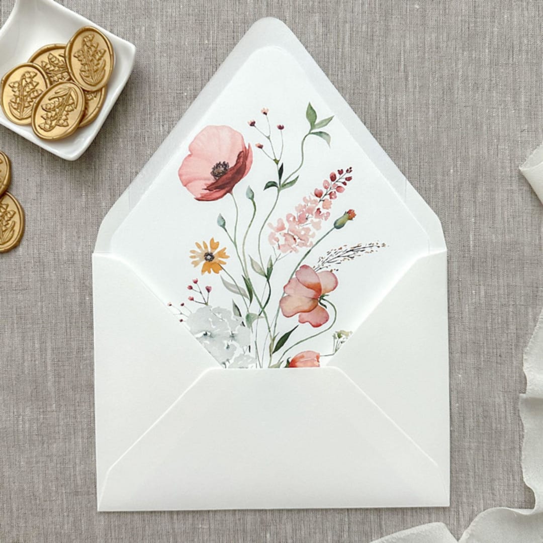 "Watercolor wildflowers Euro Flap envelope liners for A7 (5x7”) invitations | Set of 10" - Envelope Liners in multicolorassorted-colors by Maria Ferrer G.
