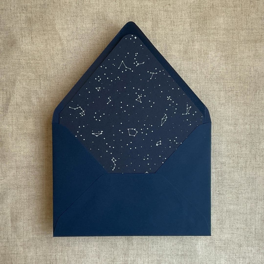 "white ink print Stella Celestial printed midnight blue envelope liner for A7 euro flap envelope | pack of 10" - Envelope Liners in blue by Ivory Invitations
