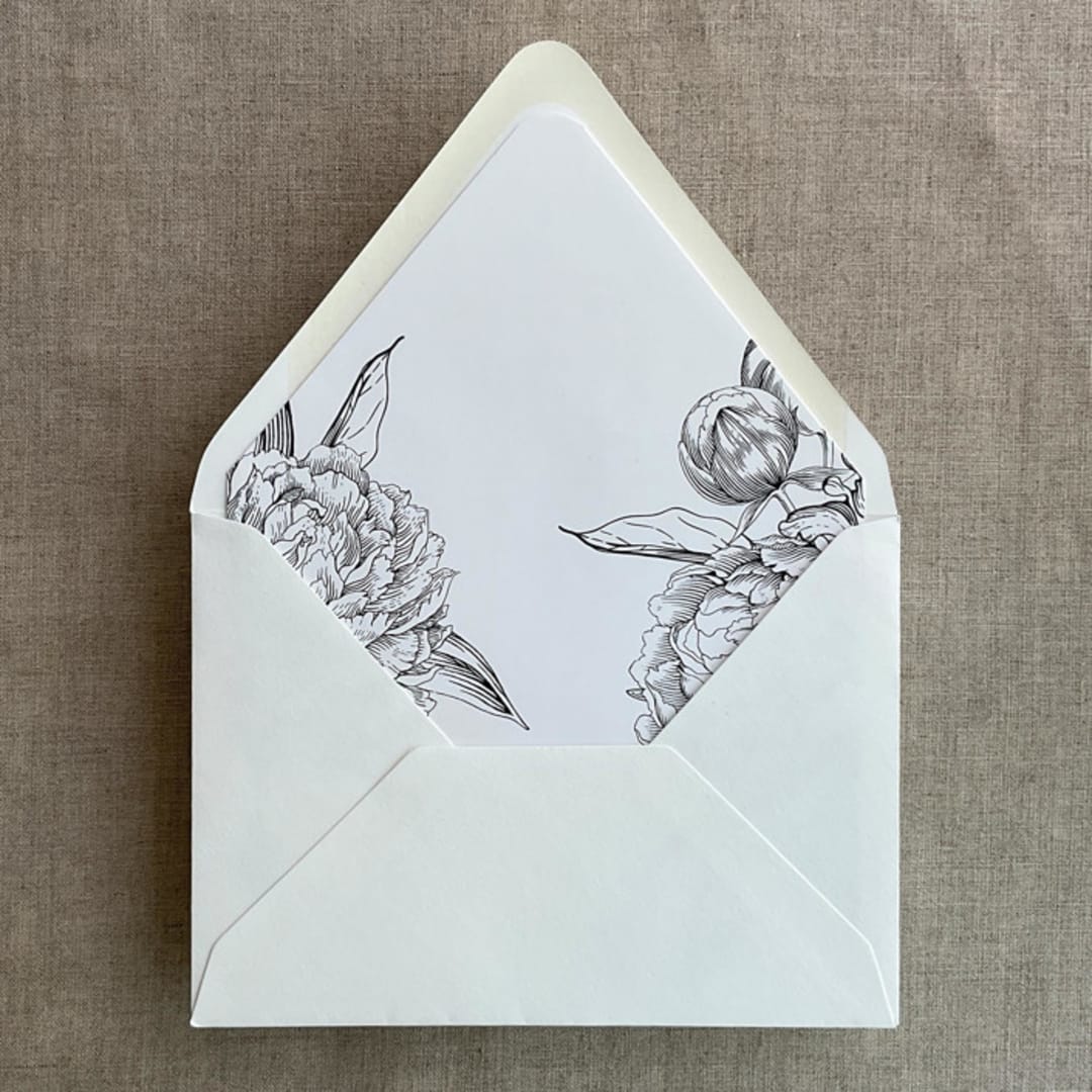 "Black grand peony vintage floral envelope liner for A7 euro flap envelope | pack of 10" - Envelope Liners in black by Ivory Invitations