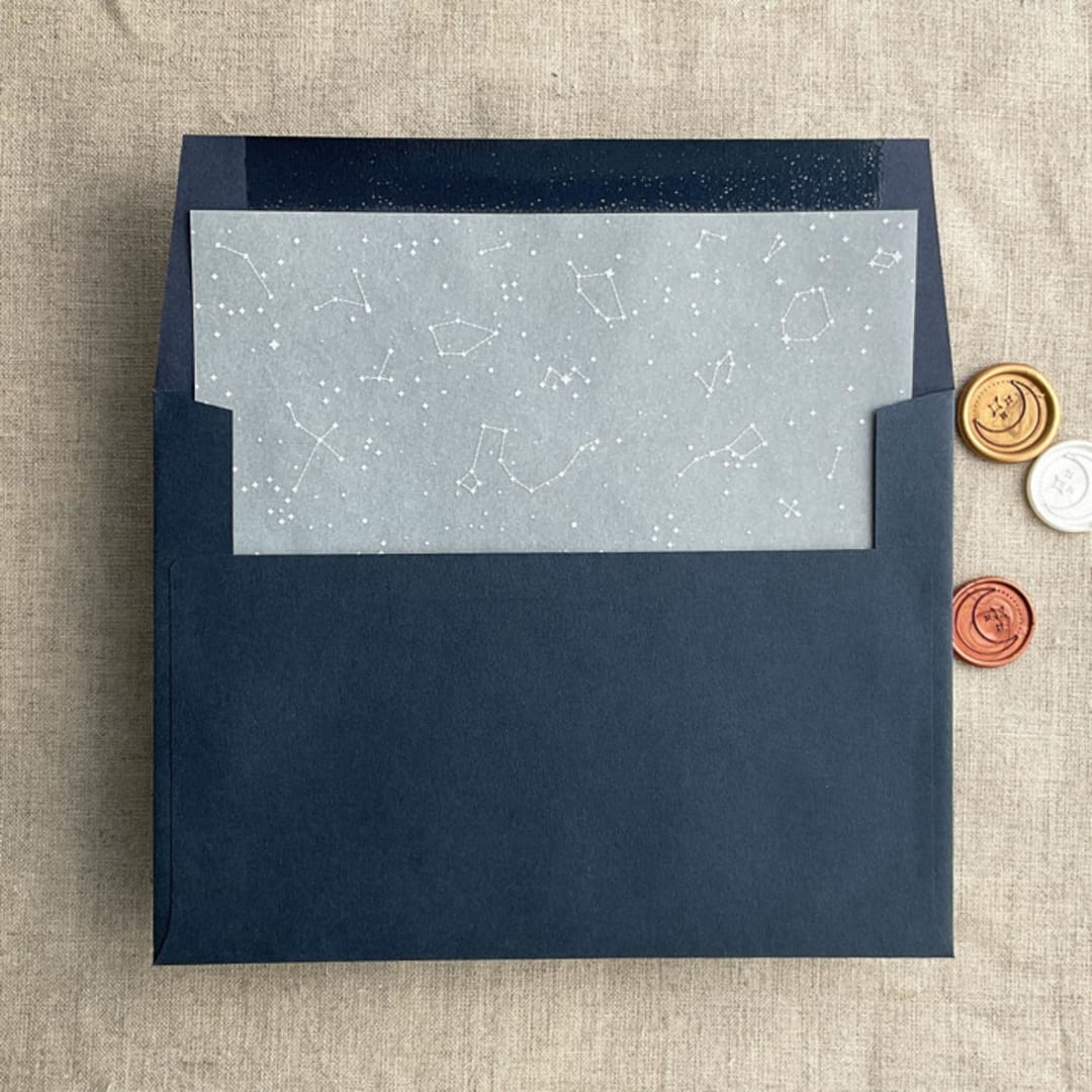 "white ink print Stella Celestial printed vellum envelope liner for A7 square flap envelope" - Envelope Liners in white by Ivory Invitations