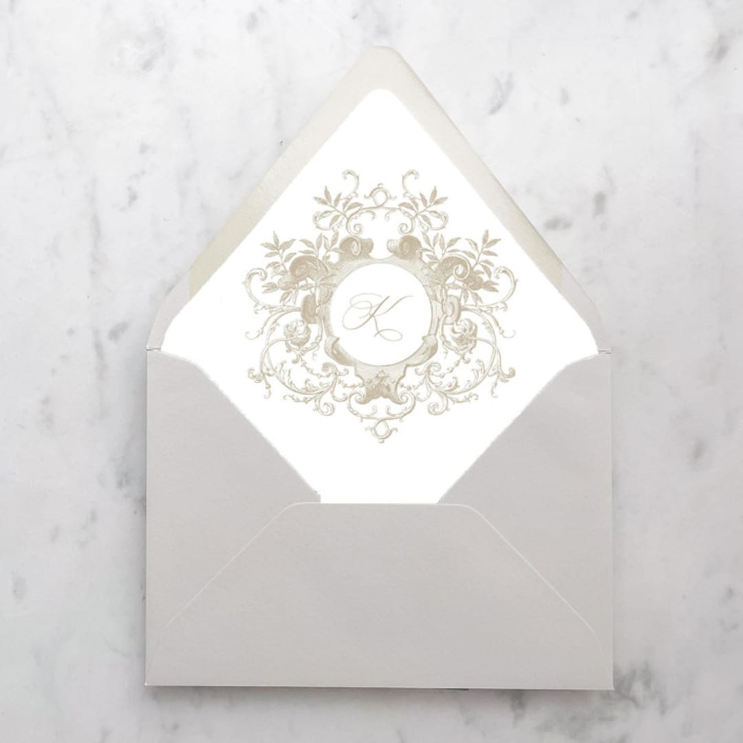 "A7 Envelope Liners Scroll Monogram Taupe (set of 10)" - Envelope Liners in beige by Design by Laney