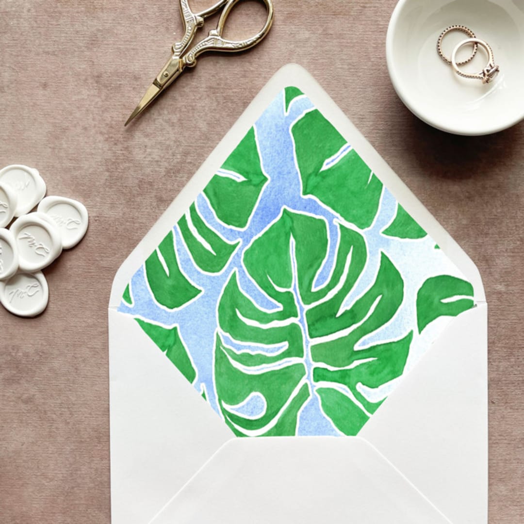 "Tropical Monstera Leaf Watercolor Euroflap Envelope Liner | Set of 10 | For 5x7” invitations " - Envelope Liners in green by Cotton and Bow