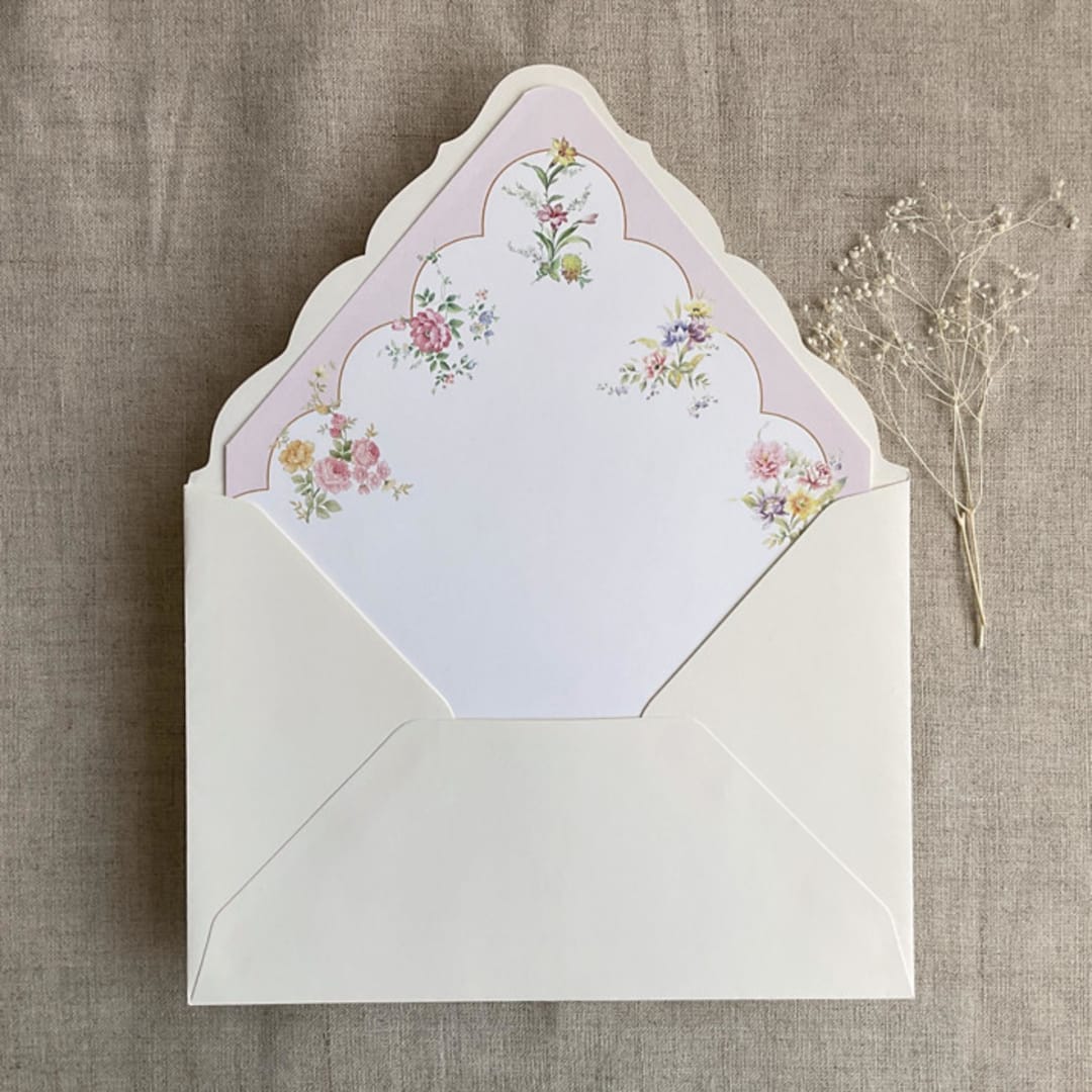 "Clara pink scallop floral edge printed envelope liner for A7 euro flap envelope | pack of 10" - Envelope Liners in pink by Ivory Invitations