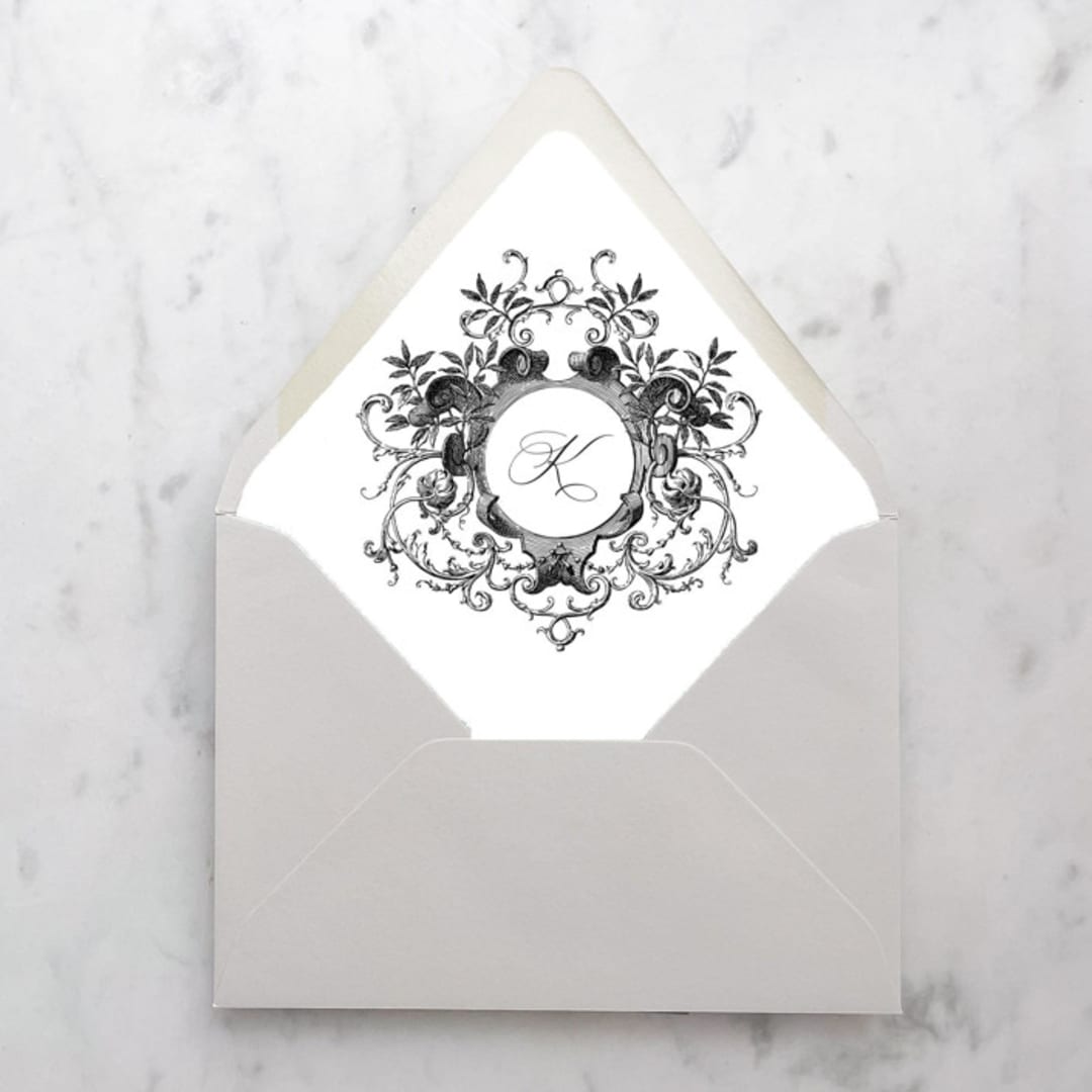 "A7 Envelope Liners Scroll Monogram Black (set of 10)" - Envelope Liners in black by Design by Laney