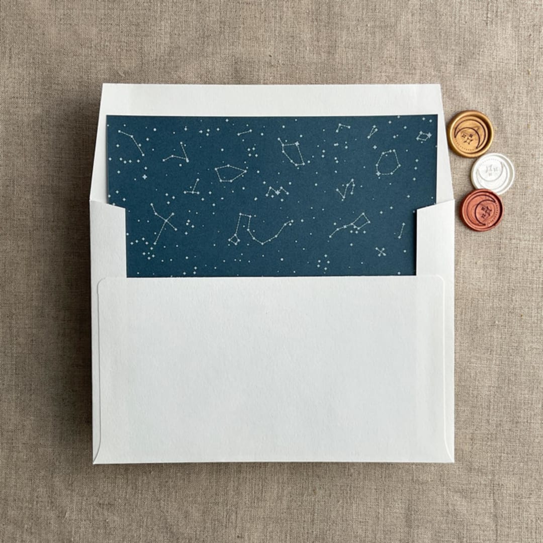 "white ink print Stella Celestial printed dark teal blue envelope liner for A7 square flap envelope" - Envelope Liners in blue by Ivory Invitations