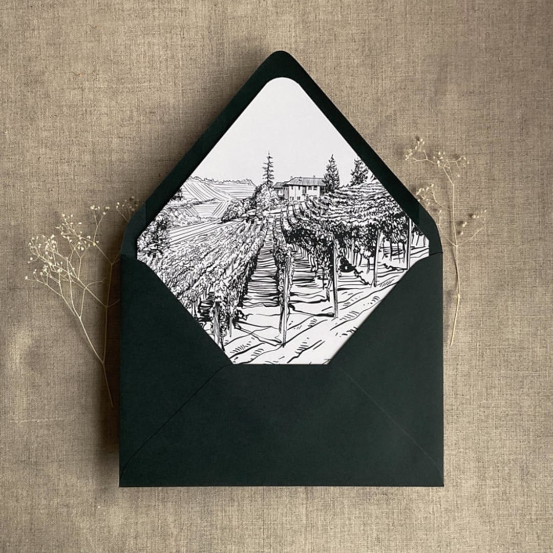 "Vineyard landscape sketch black printed envelope liner for A7 euro flap envelope | pack of 10" - Envelope Liners in black by Ivory Invitations