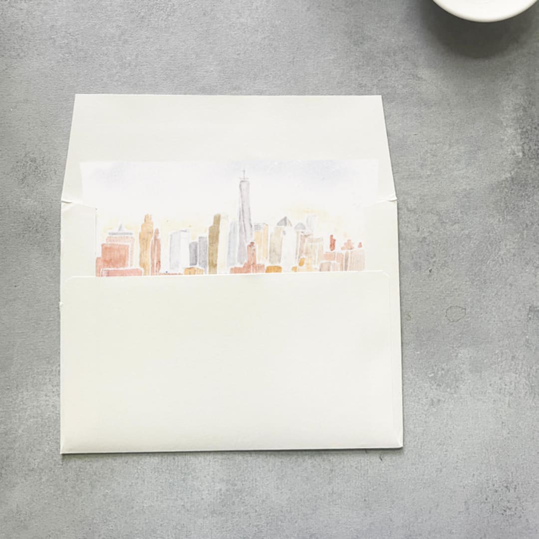 "NYC Skyline Watercolor Square Envelope Liner | Set of 10 | For 5x7” invitations " - Envelope Liners in multicolor by Cotton and Bow