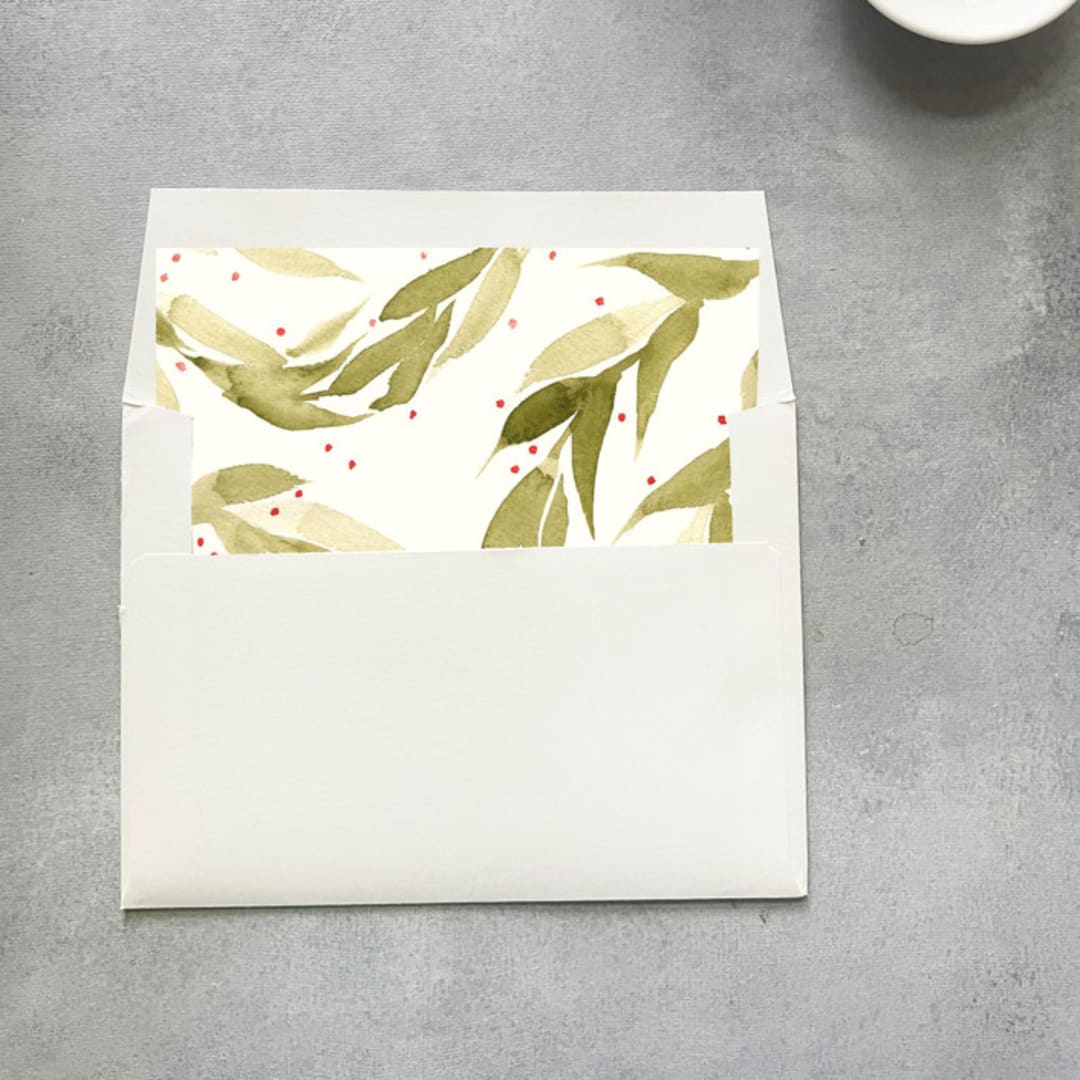 "Mistletoe Wreath Square Envelope Liner | Set of 10" - Envelope Liners in green by Cotton and Bow