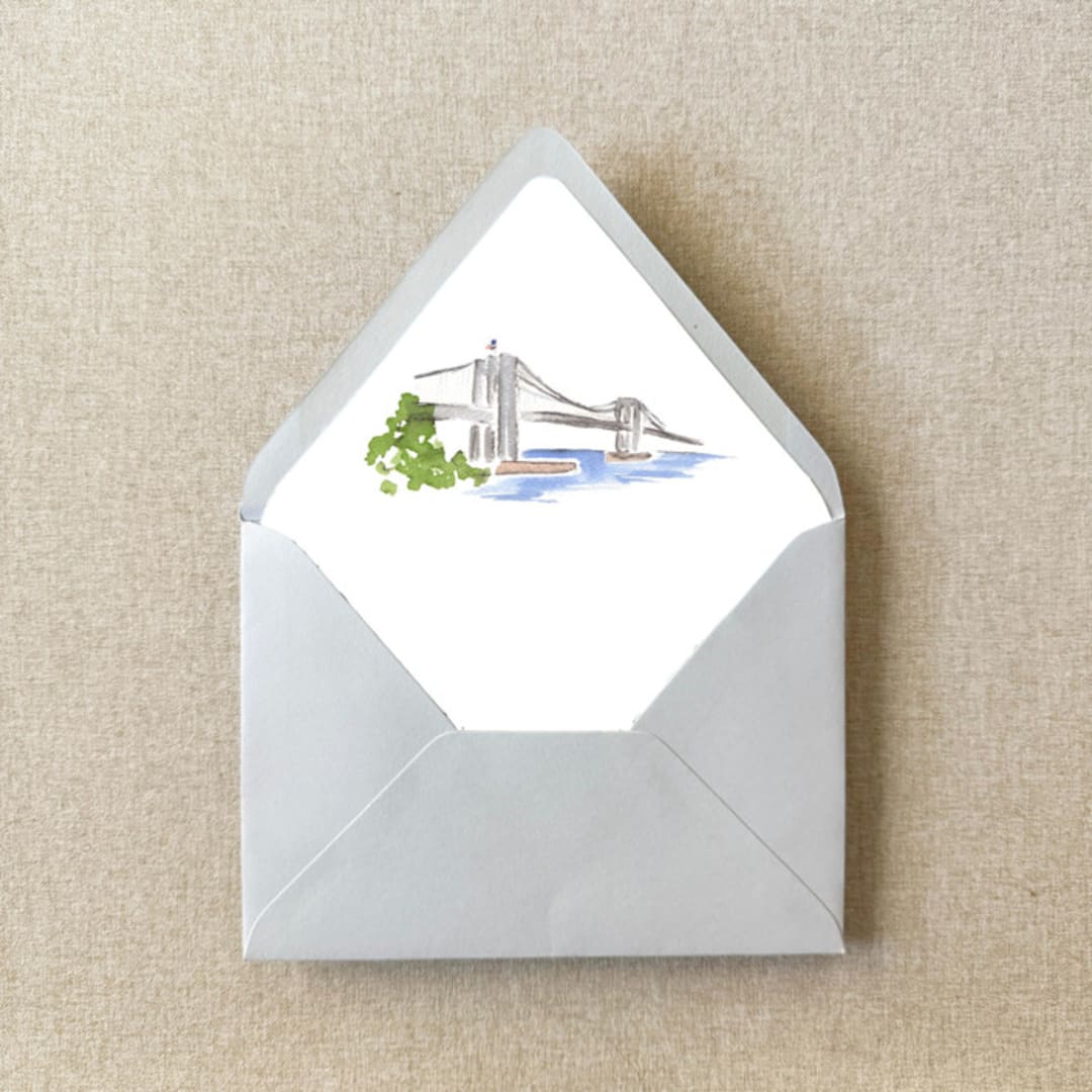 "New York City Brooklyn Bridge Watercolor Euroflap Envelope Liner | Set of 10 | For 5x7” invitations" - Envelope Liners in multicolorassorted-colors by Cotton and Bow