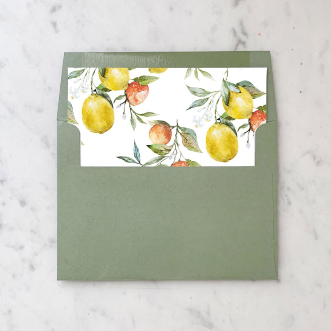 "A7 Envelope Liners Lemon Pattern Square Flap (set of 10)" - Envelope Liners in yellow by Design by Laney