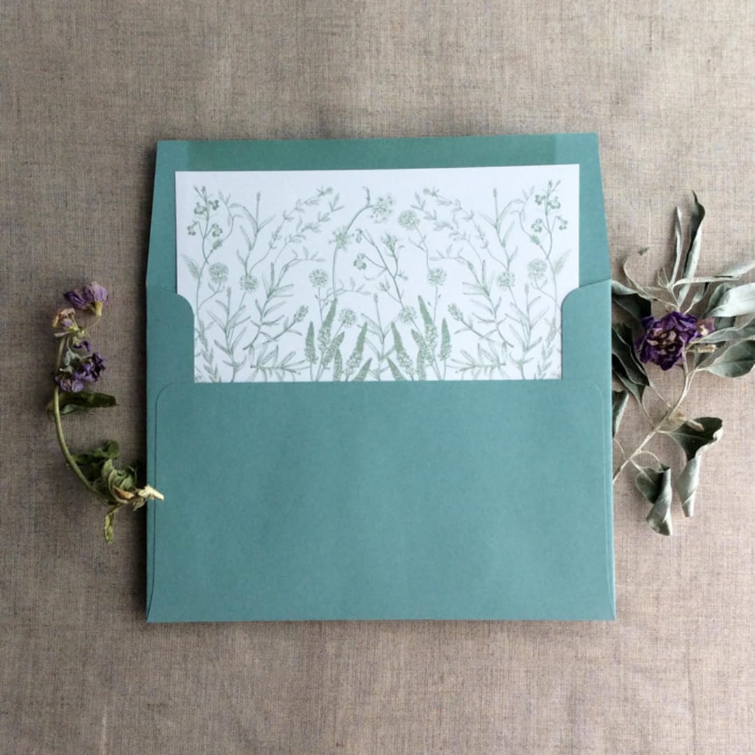 "Sage English botanical garden floral envelope liner for A7 square flap envelope | pack of 10" - Envelope Liners in green by Ivory Invitations