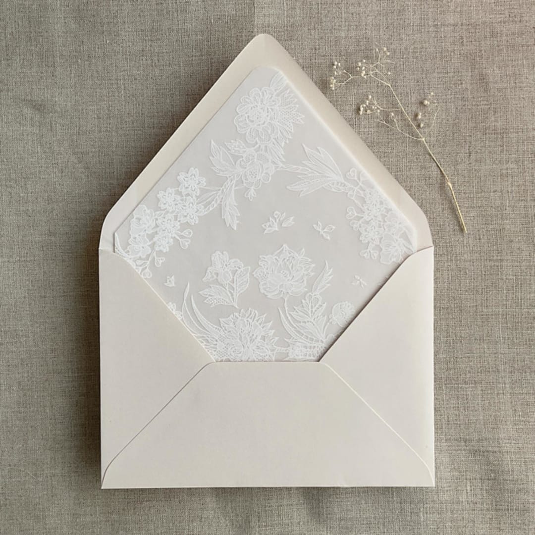 "Venetian lace white ink printed vellum envelope liner for A7 euro flap envelope | pack of 10" - Envelope Liners in white by Ivory Invitations