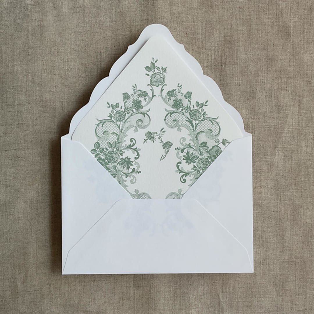 "French rose lace sage envelope liner for A7 euro flap envelope | pack of 10" - Envelope Liners in green by Ivory Invitations