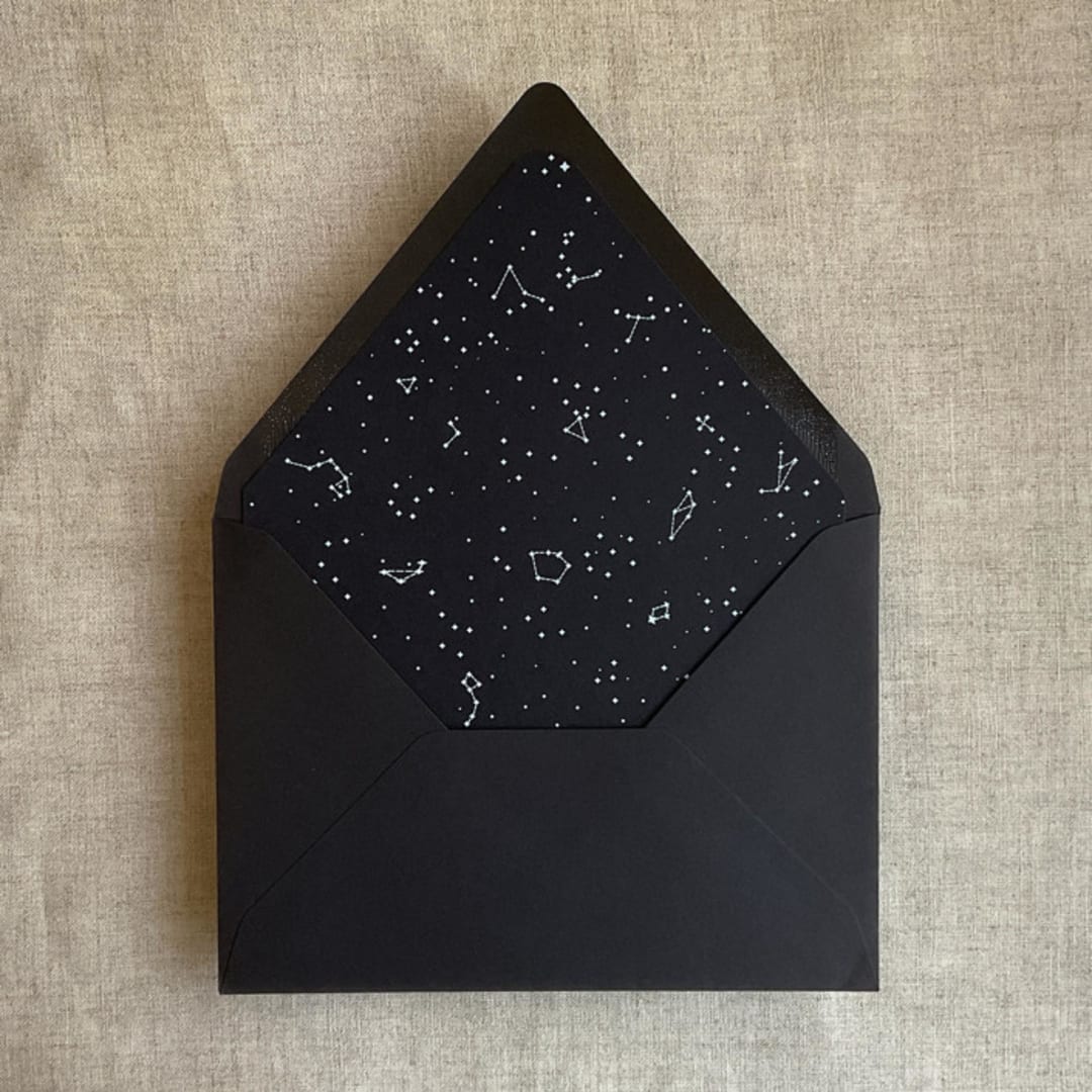 "white ink print Stella Celestial printed black envelope liner for A7 euro flap envelope | pack of 10" - Envelope Liners in black by Ivory Invitations