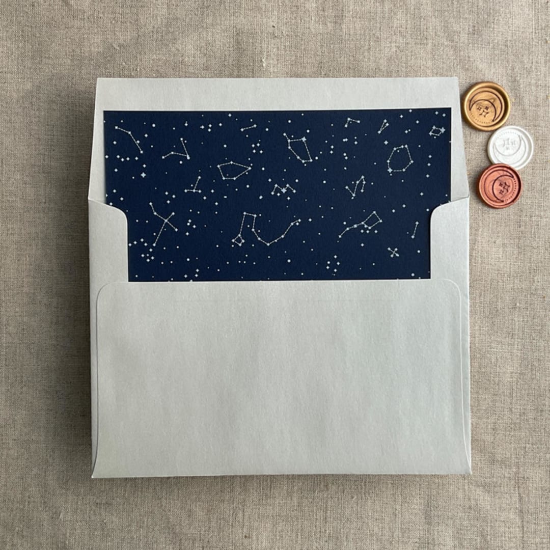 "white ink print Stella Celestial printed midnight blue envelope liner for A7 square flap envelope" - Envelope Liners in blue by Ivory Invitations