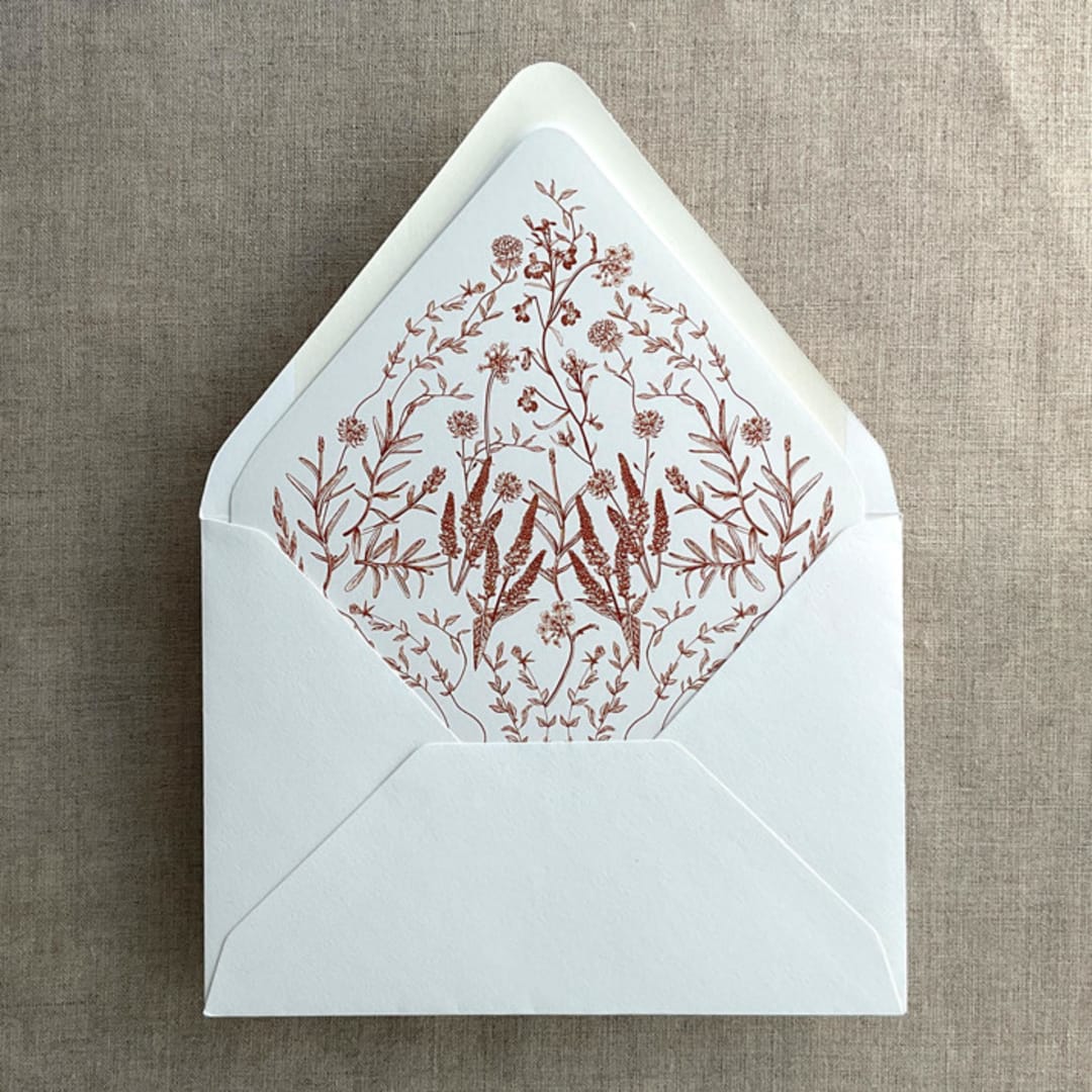"Rust English botanical garden floral printed liner for A7 euro flap envelope | pack of 10" - Envelope Liners in copper by Ivory Invitations