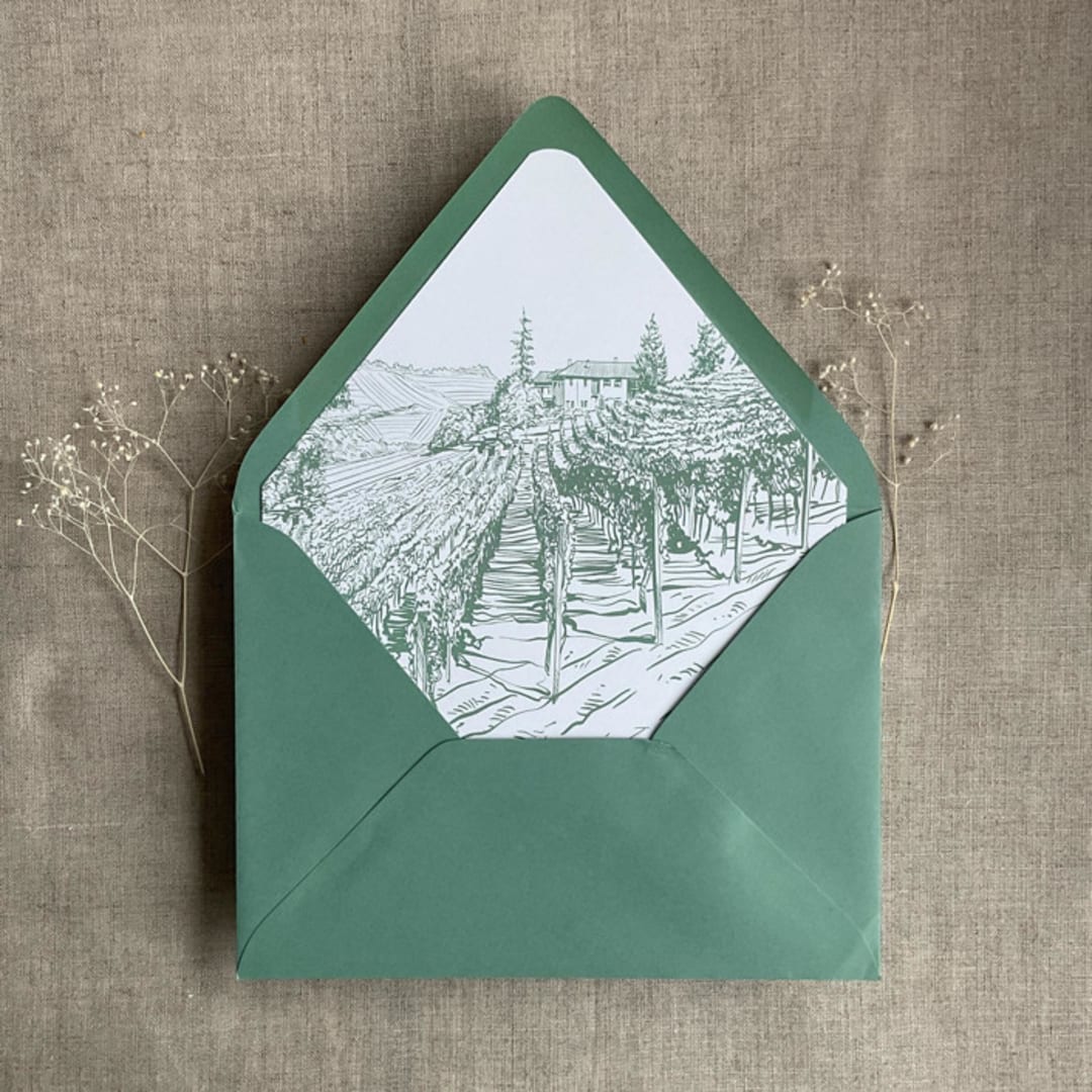 "Vineyard landscape sketch sage printed envelope liner for A7 euro flap envelope | pack of 10" - Envelope Liners in green by Ivory Invitations