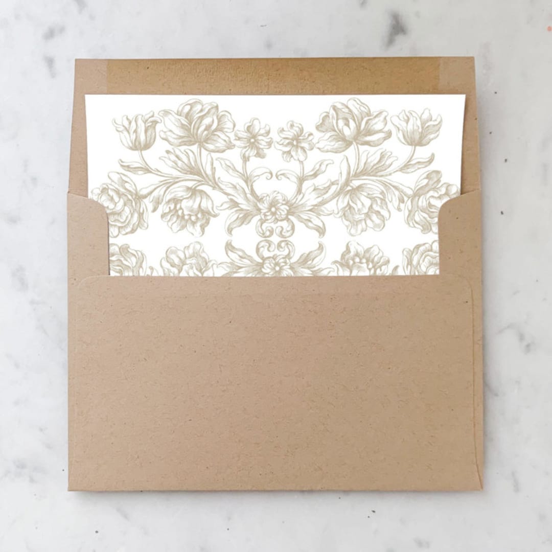"A7 Envelope Liners Floral Scroll Taupe Square Flap (set of 10)" - Envelope Liners in beige by Design by Laney