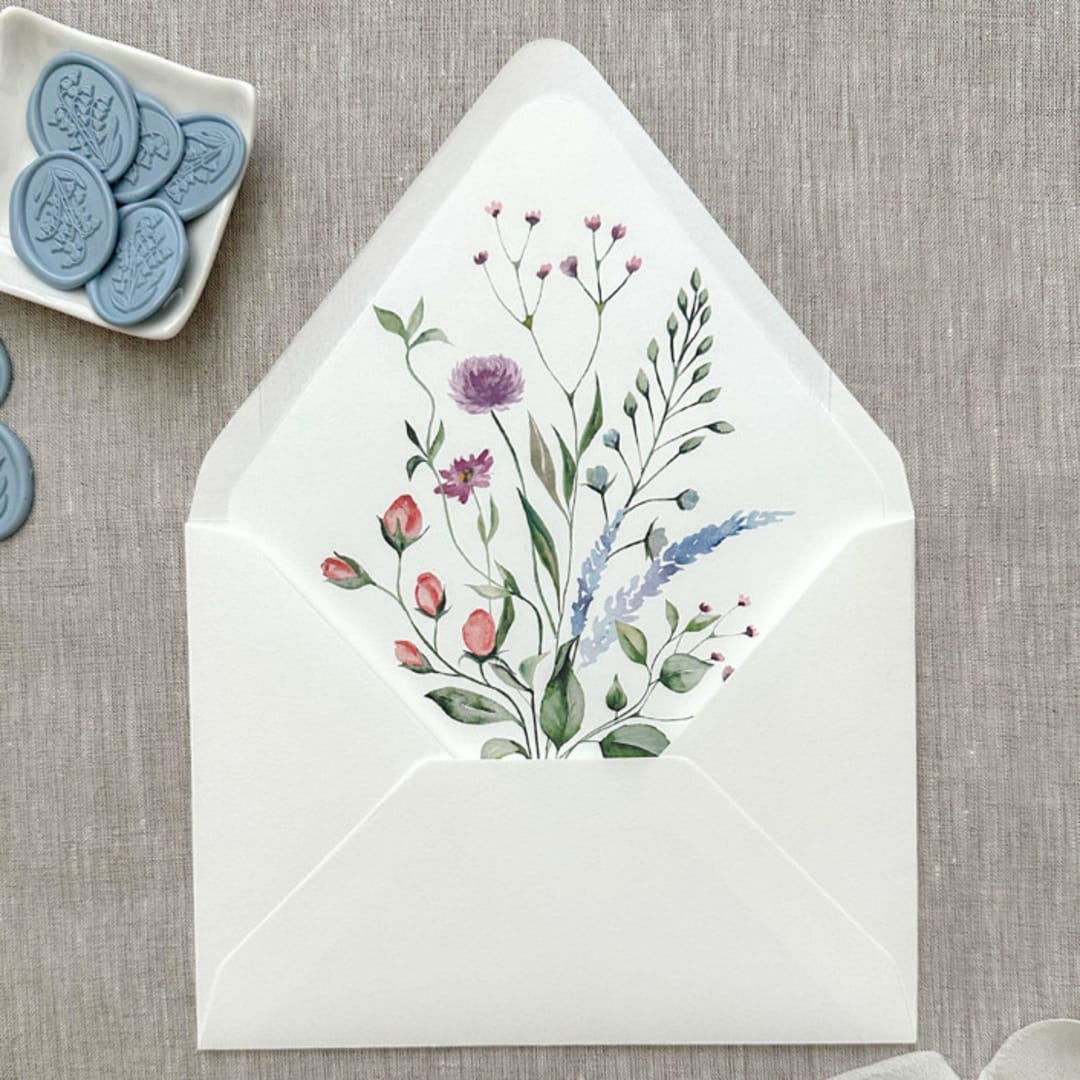 "Colorful watercolor wildflowers Euro Flap envelope liners for A7 (5x7") invitations | Set of 10" - Envelope Liners in multicolorassorted-colors by Maria Ferrer G.