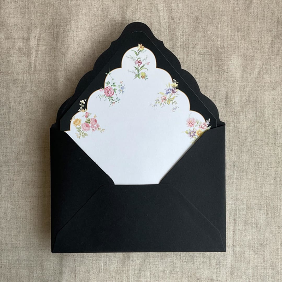"Clara black scallop floral edge printed envelope liner for A7 euro flap envelope | pack of 10" - Envelope Liners in black by Ivory Invitations