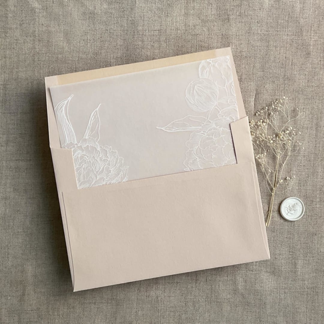 "White grand peony vellum envelope liner for A7 square flap envelope | pack of 10" - Envelope Liners in white by Ivory Invitations